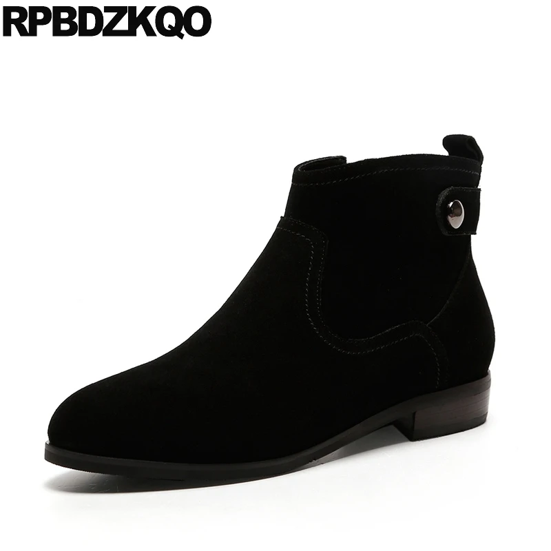 

Autumn Booties Fall Black European British Fashion Side Zip Boots Metal Round Toe Size 34 Ladies Ankle Shoes Suede Flat Short