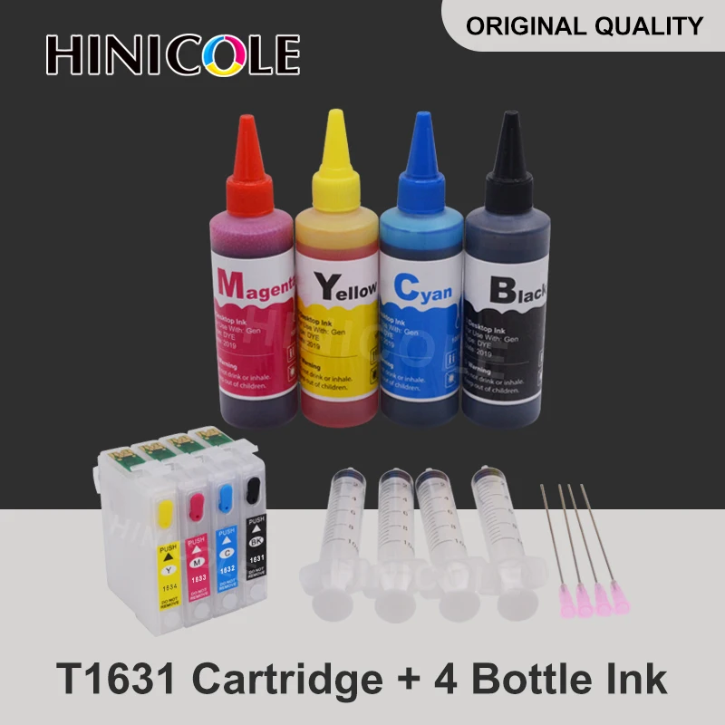 

T1621 T1631-T1634 Refillable Cartridge For Epson WF-2010W WF-2510WF WF-2520NF WF-2750DWF 2760DWF Printer + 4 Color Dye Ink 100ml