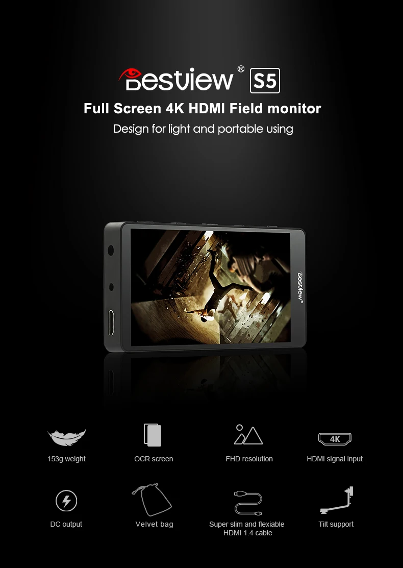 Bestview S5 5 IPS Full HD 1920x1080 On Camera Monitor Support 4K HDMI InputOutput for Canon Sony Nikon DSLR Cameras