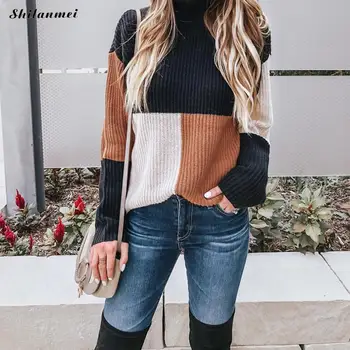 

Fashion Sweater For Women 2018 Autumn Long Sleeve Geometric Sweater And Pullover Casual Loose Black Patchwork Knit Tops Femme Xl