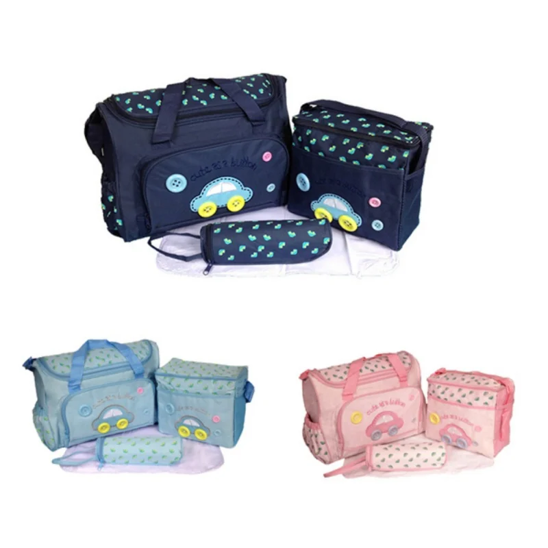 

High Quality One Big+One Small+Bottle Bag+Diaper Pad 4pcs Mother Bags Suits New Waterproof Print Cartoon Denim Diaper Bags