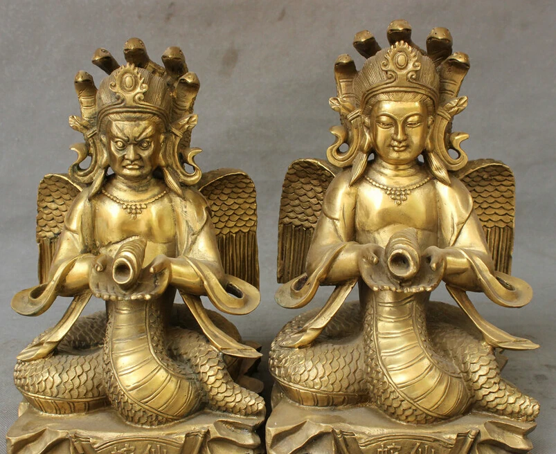 

JP S0608 11" Chinese Pure Brass 5 Head Snake God Bronze Fly Naga Kanya Buddha Statue Pair (B0328)