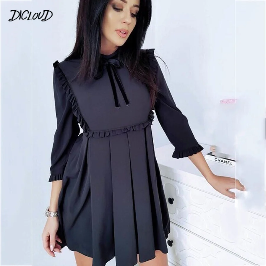 

DICLOUD Elegant Pleated Dress Women Fashion Vintage Office Ladies Dresses 2019 Pink Black Casual Plus Size Mini Dress Vestidos