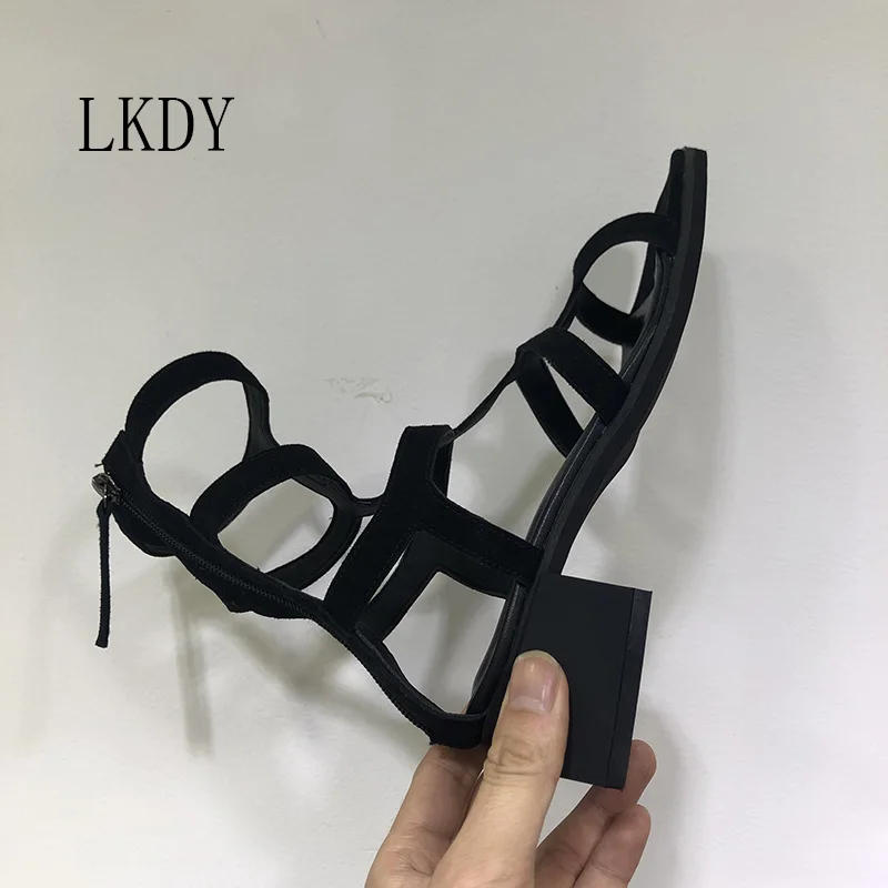 

2019 summer Genuine Leather stitching suede suede retro square head zip high heel Roman ankle boots ladies sandals