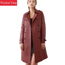Осень цвет красного вина из натуральной овечьей кожи куртки длинное пальто Англия 2018 женские двойной тренчи для женщин пальто с поясом