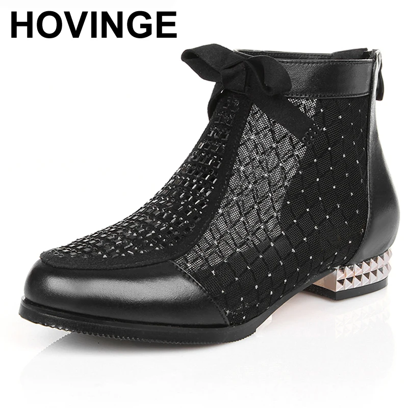 

HOVINGE new summer genuine leather women's sandals fashion diamond bow mesh hollow shoes women