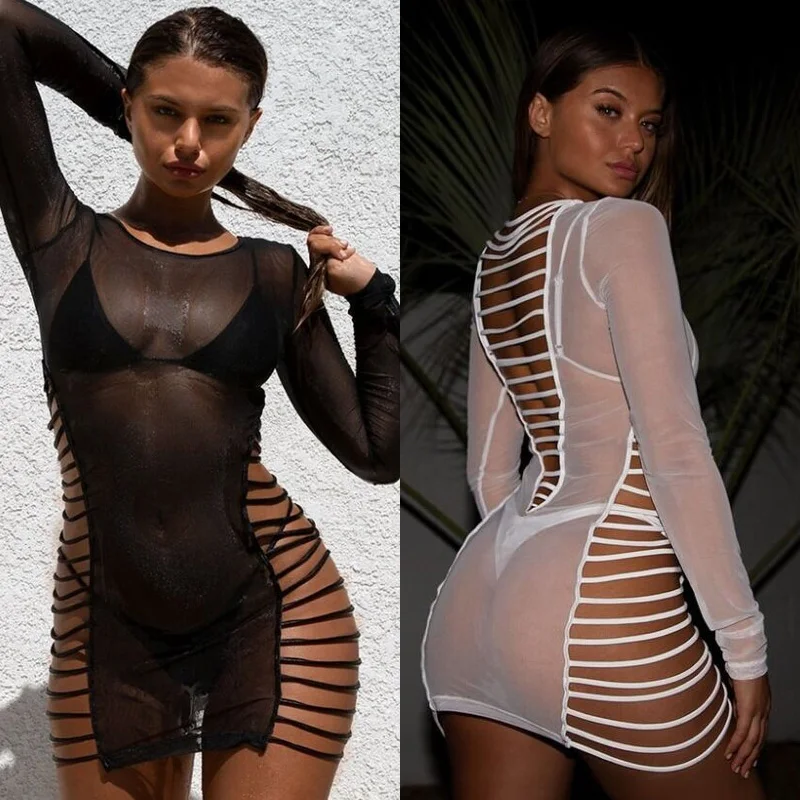 OMSJ Sexy Black White Summer Long Sleeve Mesh Hollow Out O-neck Bodycon tShirt Dress 2022 Women Party Club Female Party Vestidos
