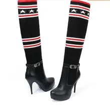 New Black Leather Height Increasing Boots Women Stilettos Round Toe Over The Knee Boots Autumn/Winter Platform Botas hot selling black leather height increasing woman boots round toe knee high boots 2017 winter gold chains wedge boots
