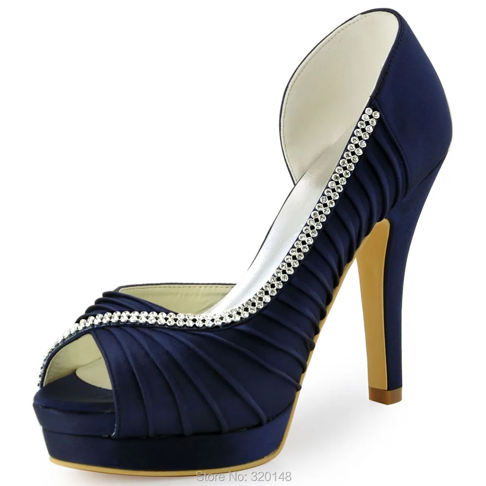 Navy Blue Women Wedding Shoes High Heel Platform Crystal Satin