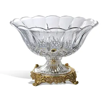 

European style luxury glass compote creative fruit bowl living room decoration Glass inlaid copper bowl