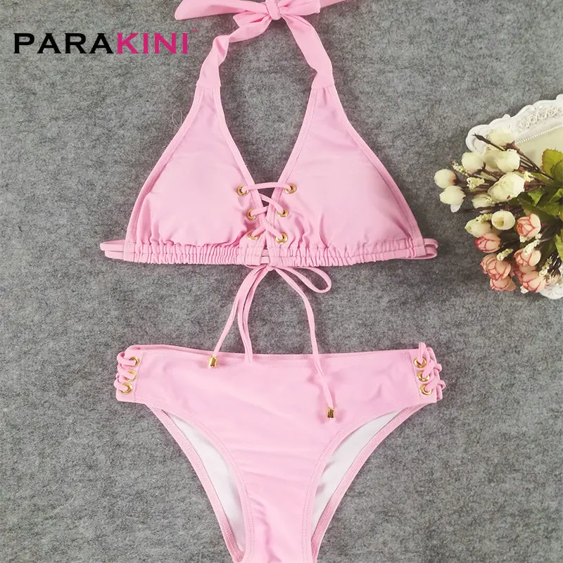 

PARAKINI Cross Strappy Bikini 2019 New Push Up Swimwear Women Sexy Solid Bandage Halter Bikini Set Summer Hollow Swimsuits