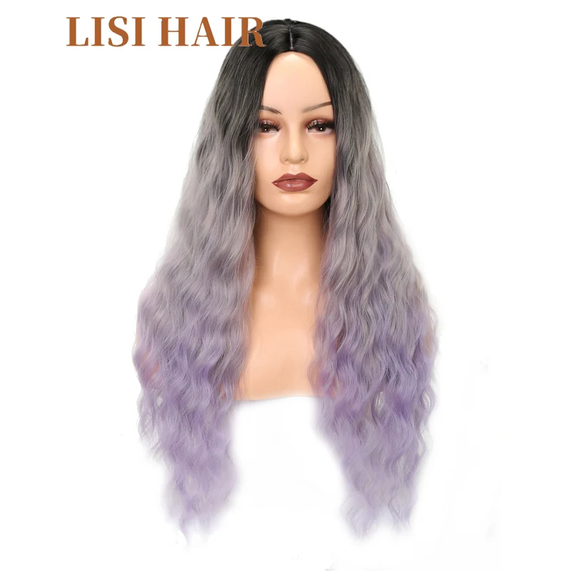 LISI волосы 26 дюймов длинные волнистые парики для женщин черный Омбре фиолетовый цвет синтетические волосы высокая температура волокно средний размер