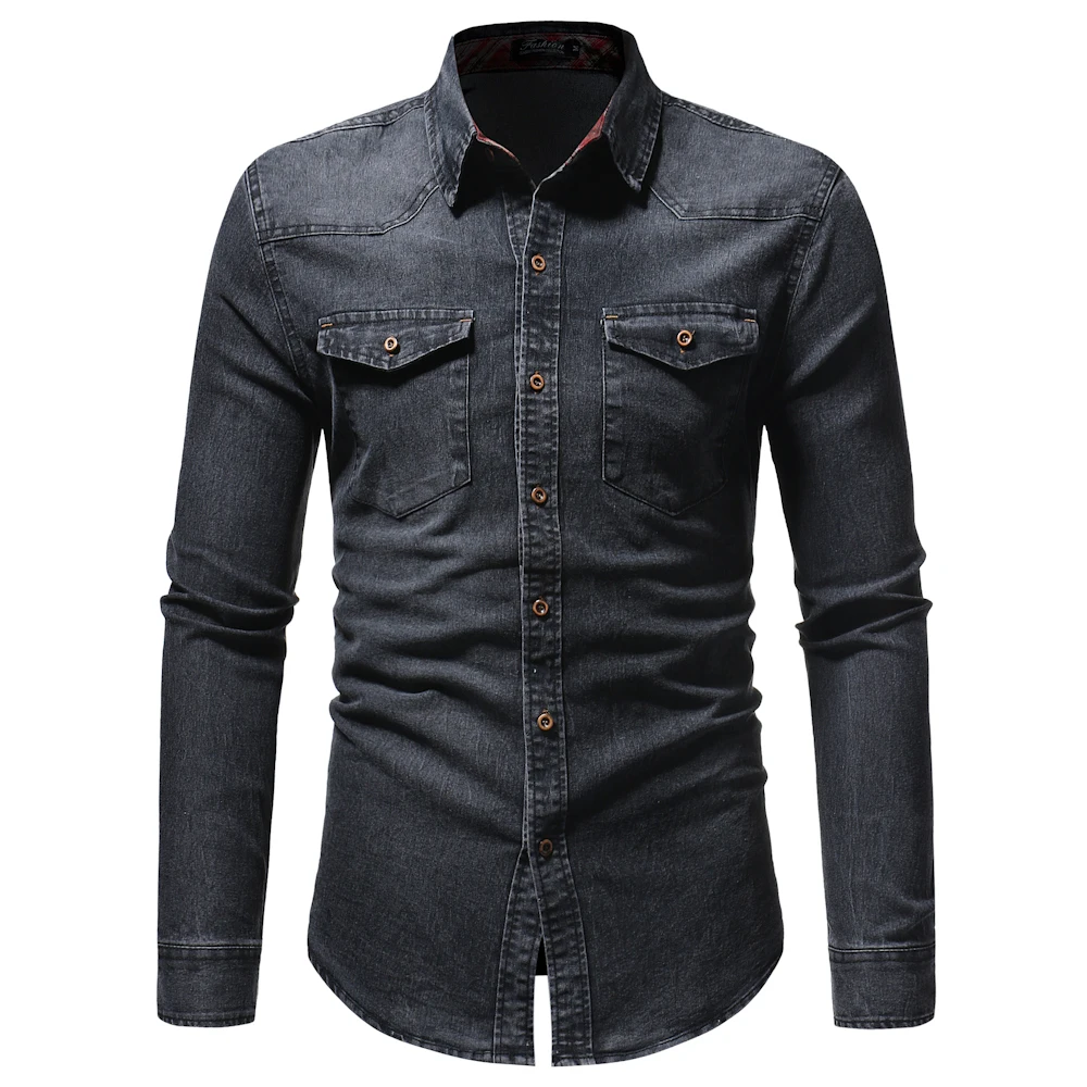 Achat Marque 2018 Mode Mâle Chemise Longue Manches Haute Qualité Vintage Double Poche Denim Robe Chemise Hommes Chemises Slim Hommes chemise XXXL