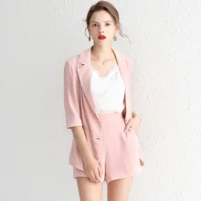 Pink Womens Silk Suits Blazer with Shorts Summer 2019 Chic Two Piece Set Top and Pants Vogue Office Ladies High Quality Coat ins