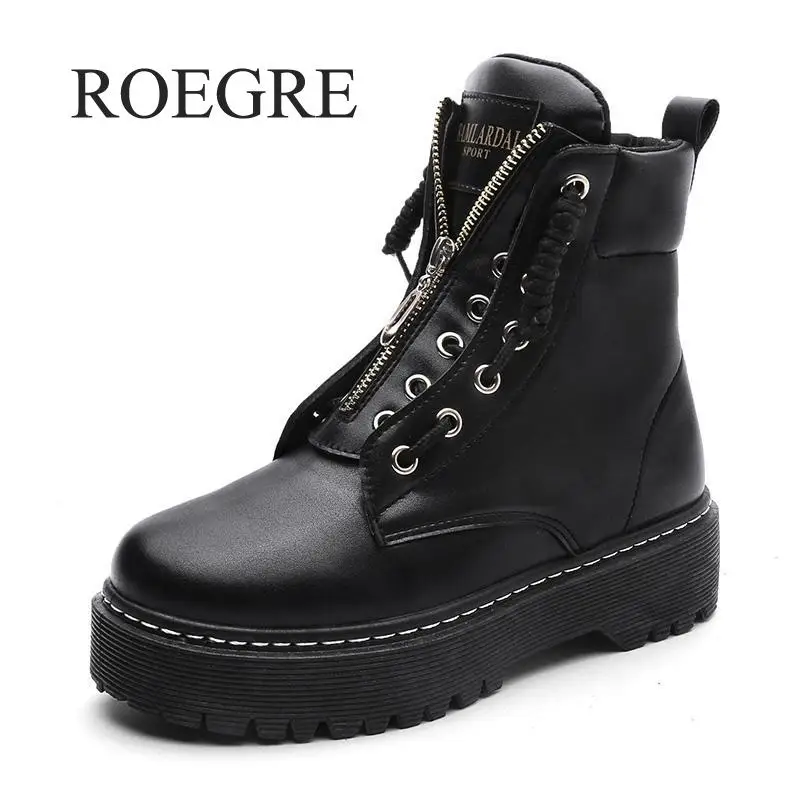 

2019 New Pu Leather Ankle Boots Women Fall Winter Flat Platform Shoes Plus Size 35-42 Martins Boots Zip Motorcycle Booties