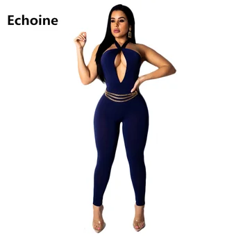 

Summer Women Hanging Neck Slim Bodycon Jumpsuit Sexy Hollow Out Backless Clubwear Outfit Elegant Rompers with Belt Overalls