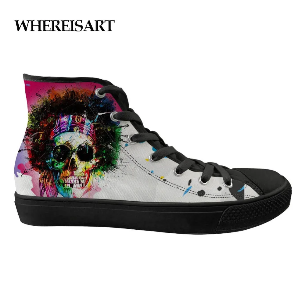 

WHEREISART Men Vulcanize Shoes Cool Skull Print Sneakers Canvas Shoes High Classic Shoes For Men Youth Fashion Canvas Shoes 2019