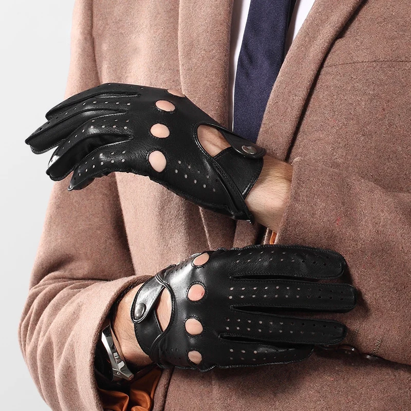 Genuine Leather Men Gloves Male Spring Autumn Thin Style Locomotive Driving Sheepskin Gloves Breathable Unlined 2520