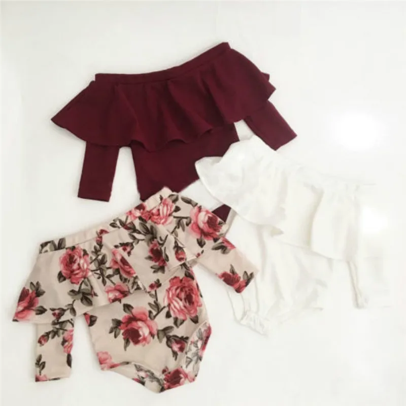 

2019 Toddler Kid Baby Girls Solid Color Off Shoulder Long Sleeve Fashion Romper Jumpsuit Outfits Set Clothes Hot Sale