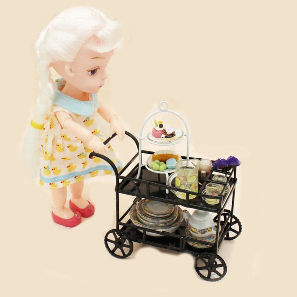 Miniature Metal Serving Cart for 1/12 Dollhouse Accessories - Dolls Kitchen, Dining Room, Restaurant Decor