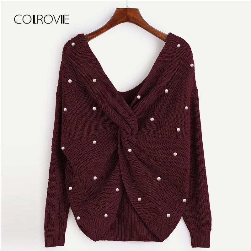 

COLROVIE Burgundy Solid V-Neck Pearls Beads Twist Elegant Winter Sweater 2018 Autumn Office Sexy Pullover Sweaters Women Clothes