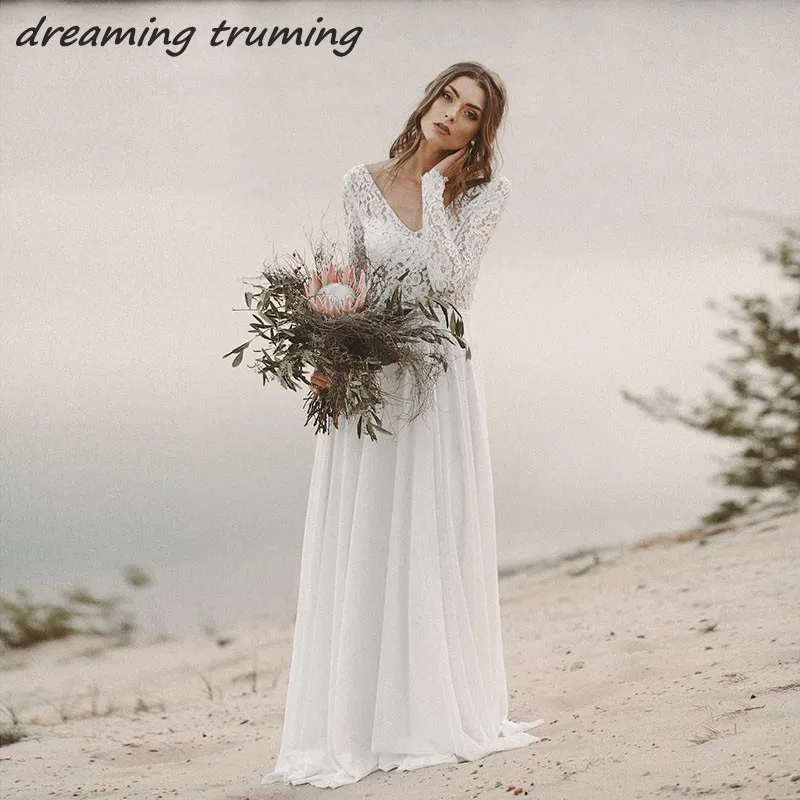 

Vintage Boho Wedding Dresses 2019 Long Sleeve Lace And Chiffon Floor Length A Line Backless Bridal Gown Robe de Mariee