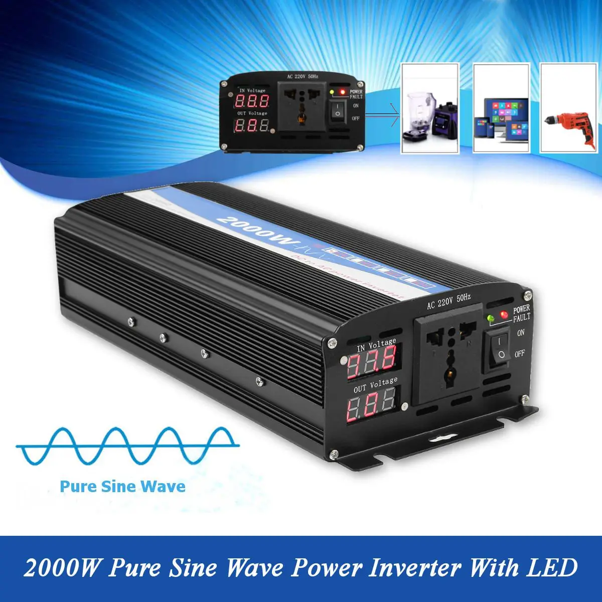

2000W LED Car Power Inverter DC 12V To AC 220V Dual Digital Display Pure Sine Wave Power Inverter Car Charger Converter