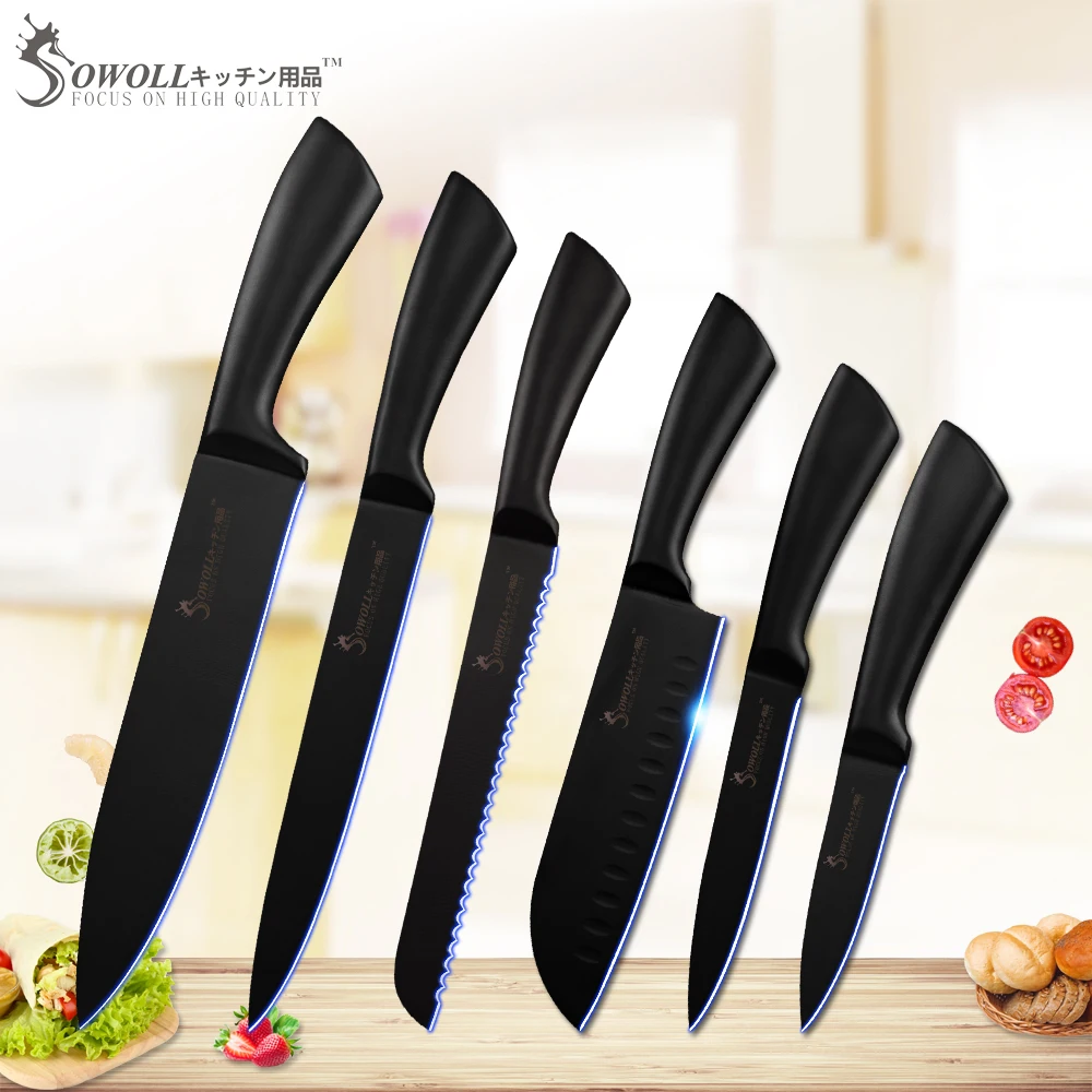 

SOWOLL New Arrival Stainless Steel Knife Set Black Sharp Blade Labor Saving Kitchen Knive 3Cr13 Steel Japanese Chef Slicer Knife