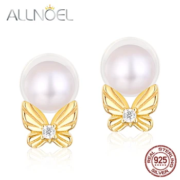

ALLNOEL Luxury 925 Sterling Silver Earrings 4.5mm Real Pearl Butterfly Stud Earrings For Women Valentine's Day Fine Jewelry Hot
