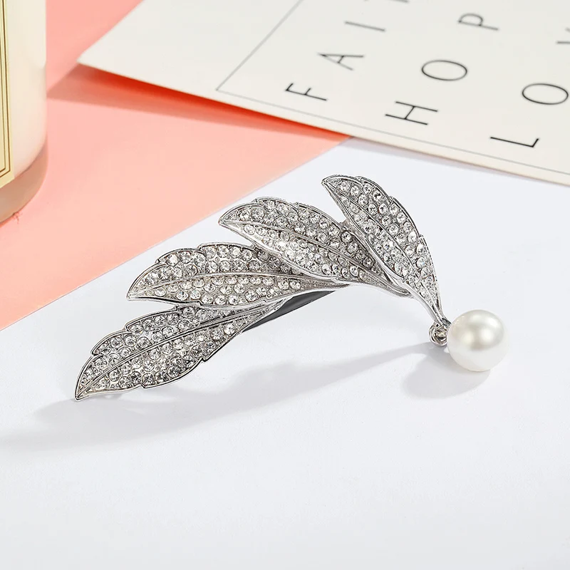  CHIMERA Leaves Hair Clips Elegant Silver Shiny Artificial Crystal Barrettes Pearls Pendant Hair Pin