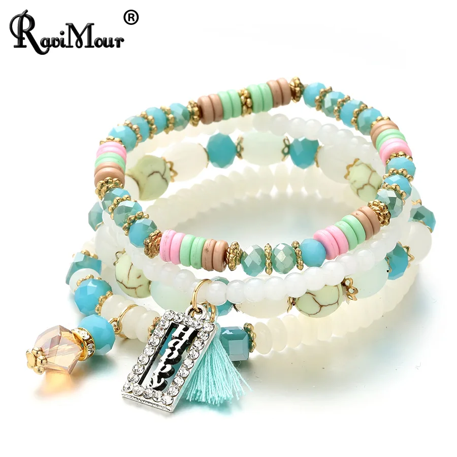 

RAVIMOUR 3pcs Set Letter Happy Tassel Bracelets for Women Jewelry Crystal Bead Stone Elastic Wristband Bohemian Bracciali Donna