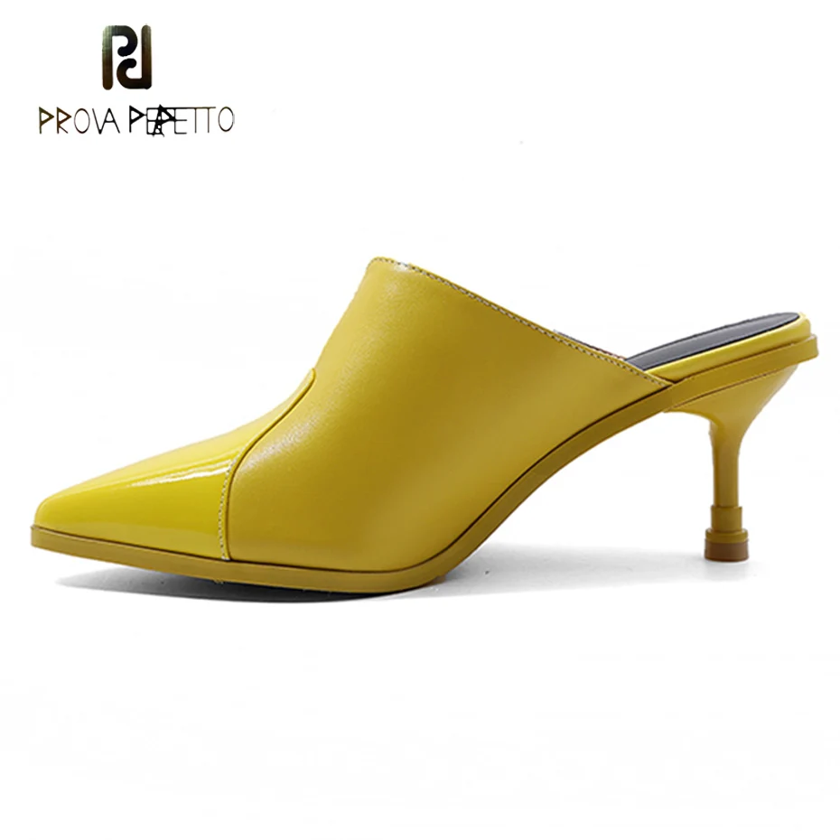 Prova Perfetto yellow genuine leather women slippers for spring summer new pointed toe stiletto heel mules shoes females slides