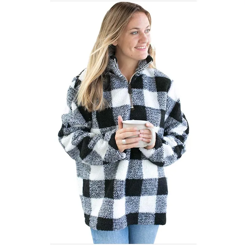 Oversized High Neck Half Zip Fuzzy Plaid  Sweat  Coat For 