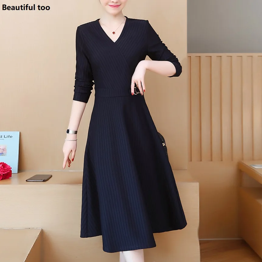 

Plus Size MIDI Dress Women Spring 2019 Long Sleeve V neck Vintage Elegant SunDress Korean Clothes L - 5XL Office Clothing Gown