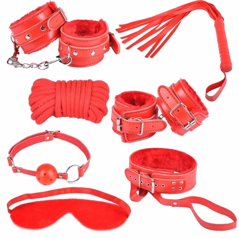 

7pcs/Set bdsm Bondage Plush Fetish Handcuffs Blindfold Ball Gag Slave Collar Whip Bondage Rope Restraints Sex Toys for Couples