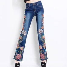 Весна Лето женские черные синие расклешенные джинсы брюки с вышивкой, Женские Осенние эластичные джинсовые брюки с вышивкой бисером