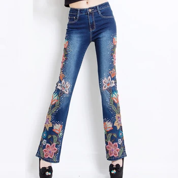 

Spring Summer 2017 Woman Black Blue Flare Jeans Pants With Embroidery , Women Autumn Embroidered Beading Stretch Denim Trousers