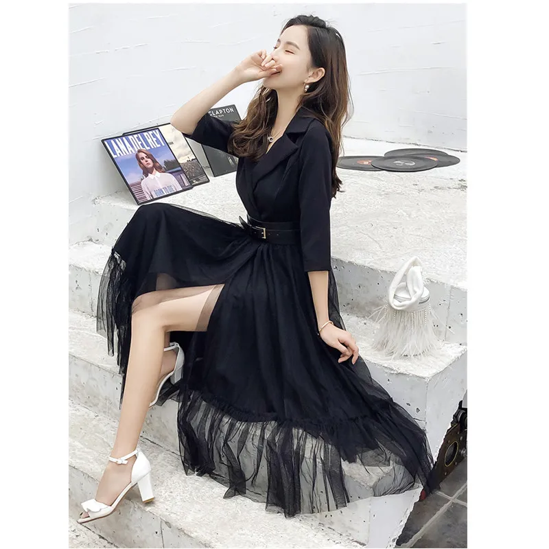 Сексуальное Сетчатое лоскутное элегантное платье с блейзером Vestidos весна лето Зубчатый воротник три четверти рукав длинное платье свободный пояс