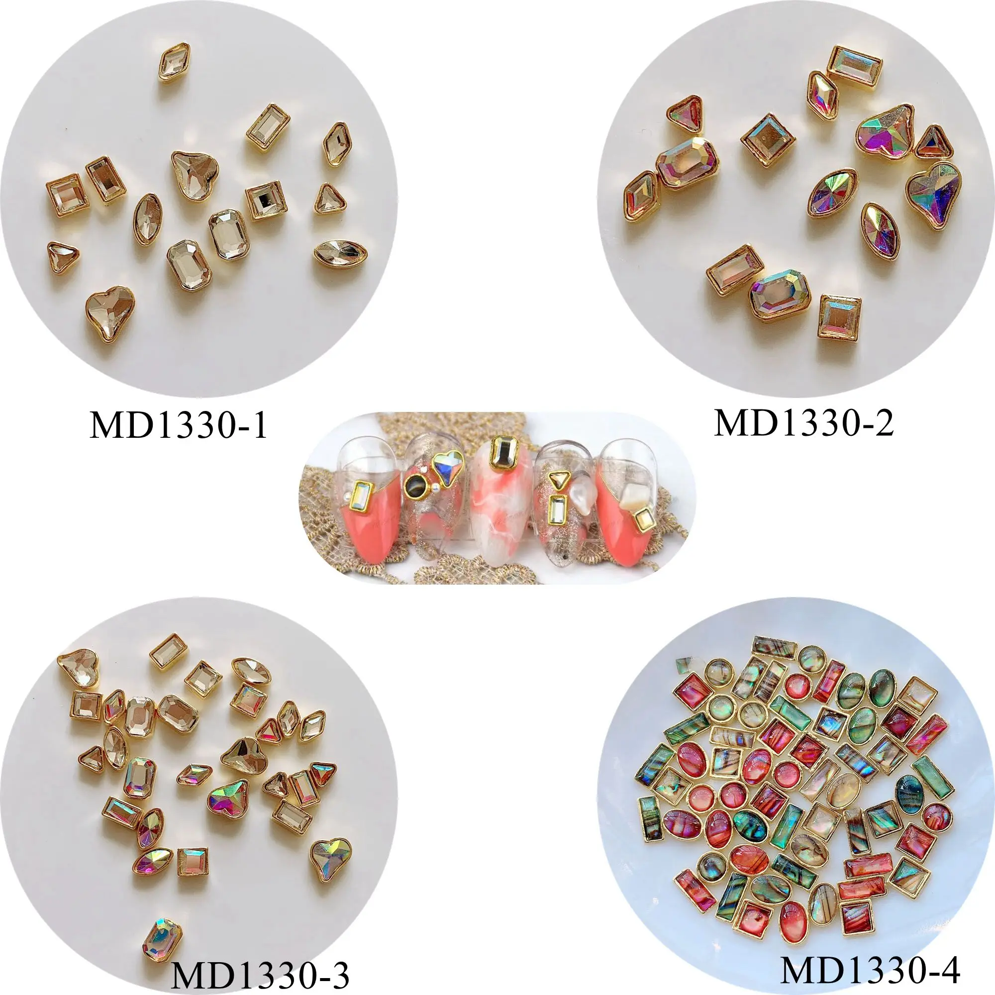 

10pcs Nail Art Metal 3D Charms Stone Deco Mix Bag Deco Crystal and AB Gem with Gold base shell stone Mix Bag MD1330