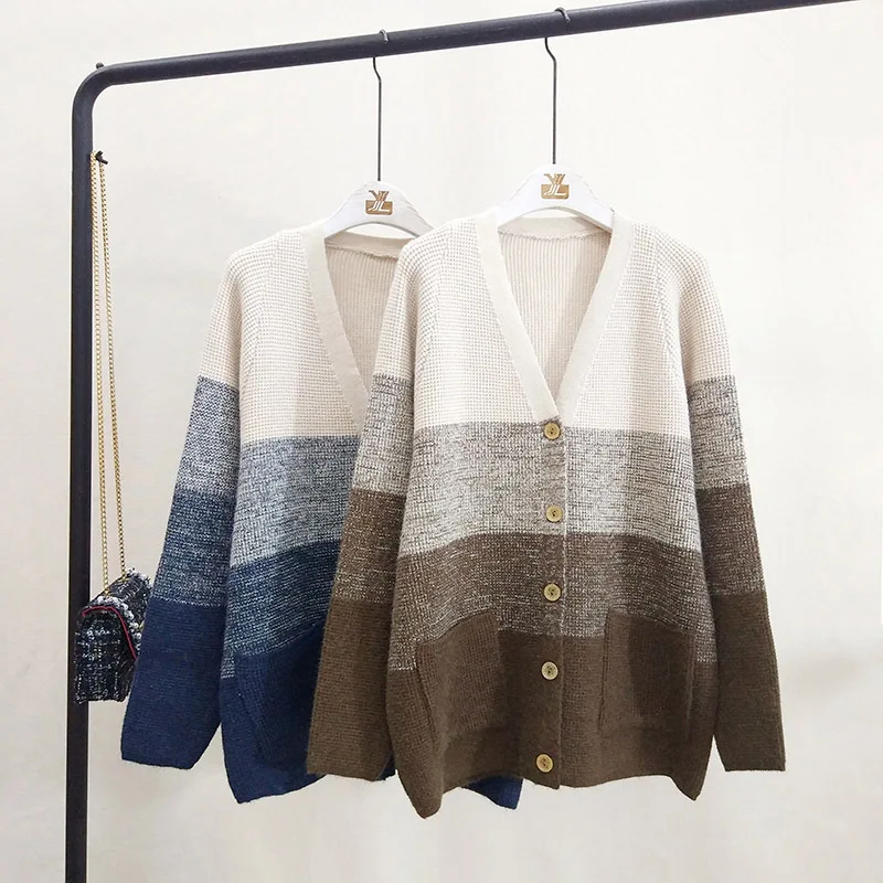

New! 2019 Korean Cardigan Female Harajuku Student Sweater long sleeves Autumn and Winter Stripes Coat D227