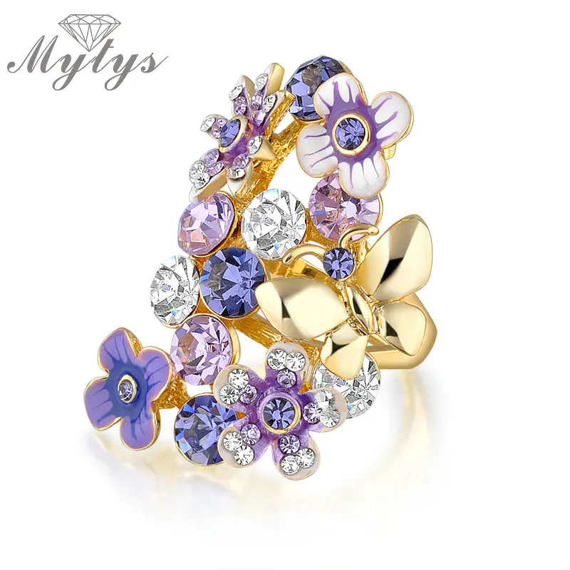 

Mytys Charm Crystal Flower Purple Rings GP Women Fashion Romantic Big Rings R24