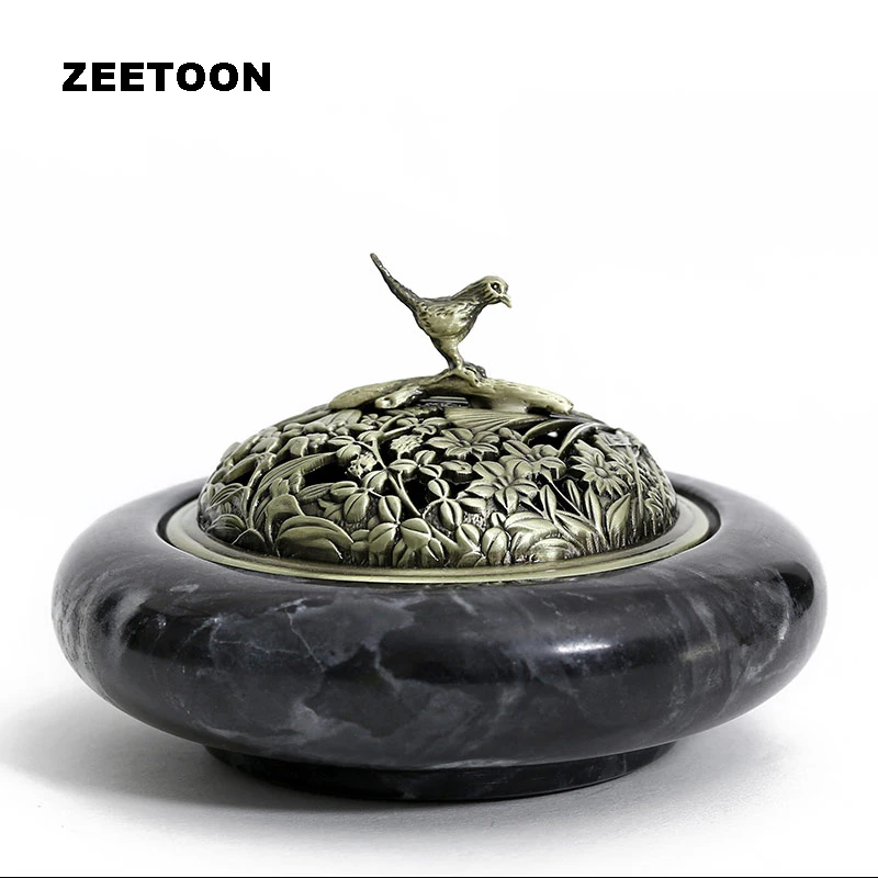 Vintage Stone Carving Incense Burner Alloy Openwork Flowers Bird Lid