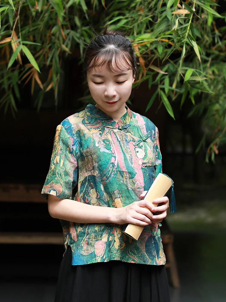 LZJN Summer Blouses Women 2019 Short Sleeve Chinese Style Women Shirts Short Buddha Printed Cheongsam Zen Tops (3)