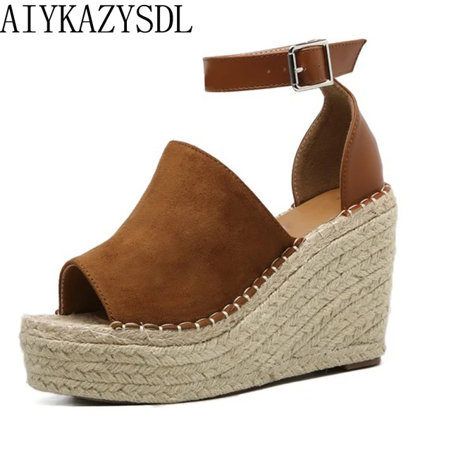 AIYKAZYSDL Summer Women Peep Toe Faux Suede Ankle Strap Sandals Woman Hemp Straw Rope Platform Wege High Heel Fisherman Shoes
