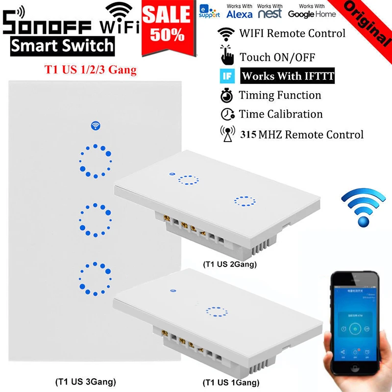 

Sonoff T1 US Smart Wifi Wall Light Switch 1 2 3 Gang Touch/WiFi/RF/APP Remote Smart Home Wall Touch Switch Work with Alexa