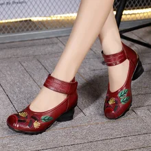 Folk style original woman leather pumps shoes Chinese embroidered retro women pumps medium heels vintage shoes
