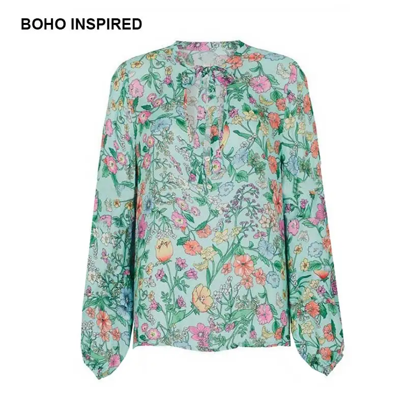Boho Inspired Long sleeves women's blouse buttons tied v