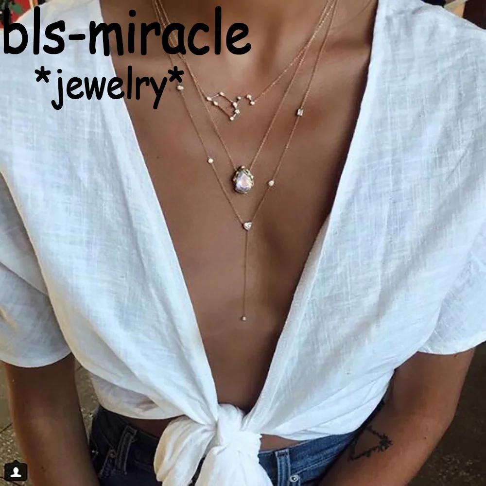 

Bls-miracle Water Drop Shaped Crystal Necklaces For Women Multilayer Gold Color Tassel Pendant Choker Necklace Statement Jewelry