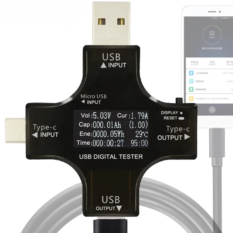 

2 in 1 Multifunctional Type-c USB Safety Tester PD Power Tester Voltmeter Ammeter Capacity Power Impedance Temperature Detector