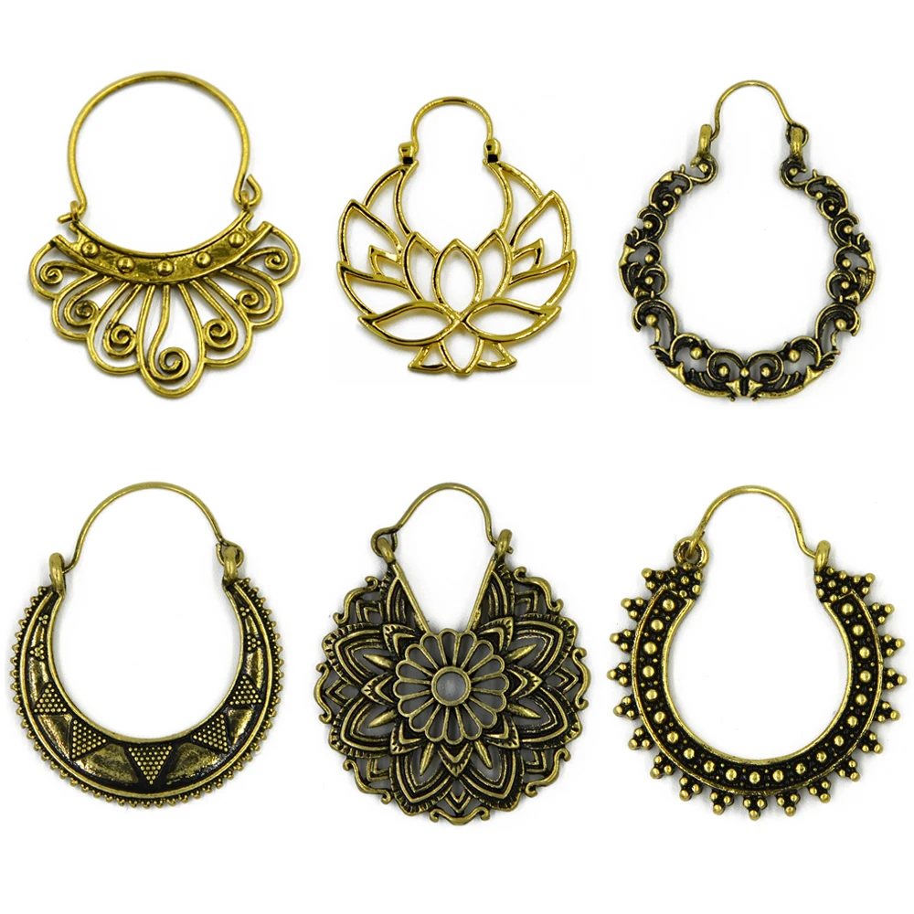 Brass Gold Tone Ornate Swirl Hoop Gypsy Indian Beaded Mandala Lotus Flower Tribal Ethnic Earring Boho ear Piercing Body Jewelry - Image 2